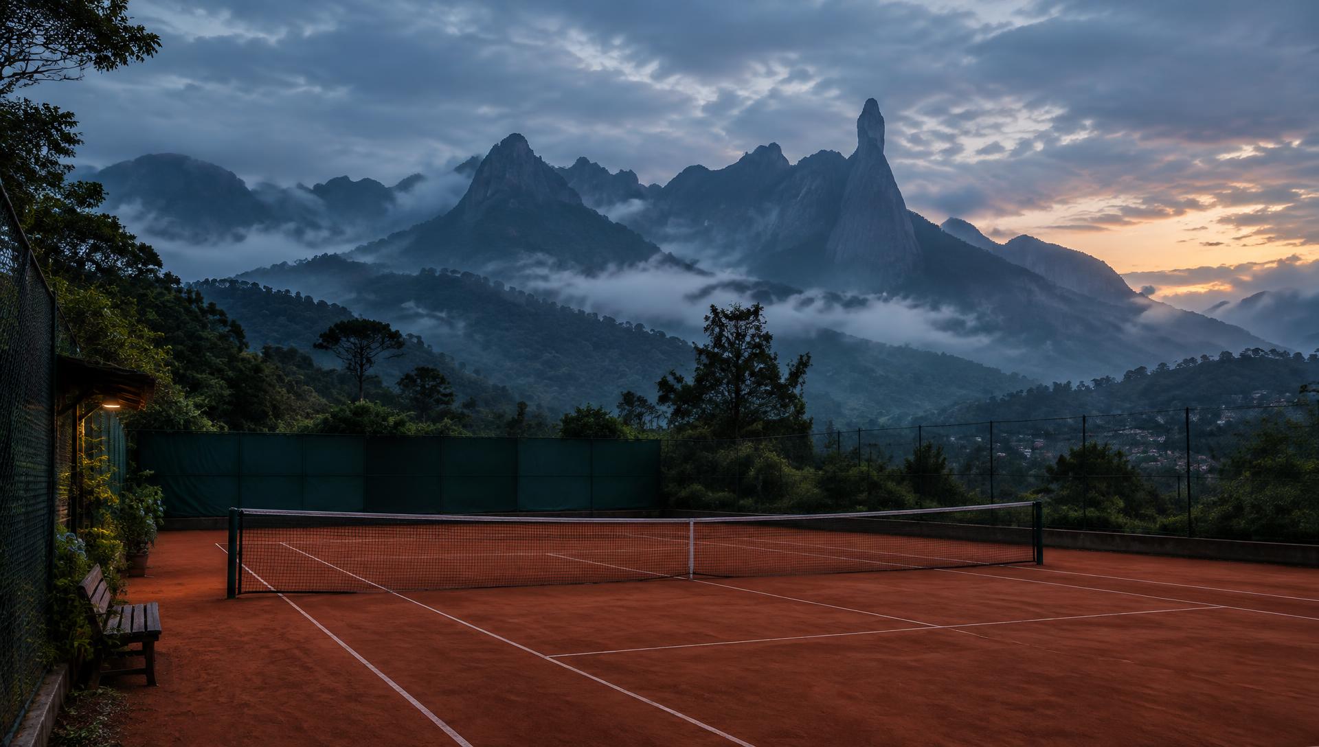 Quadra de saibro com a Serra dos Órgãos ao fundo